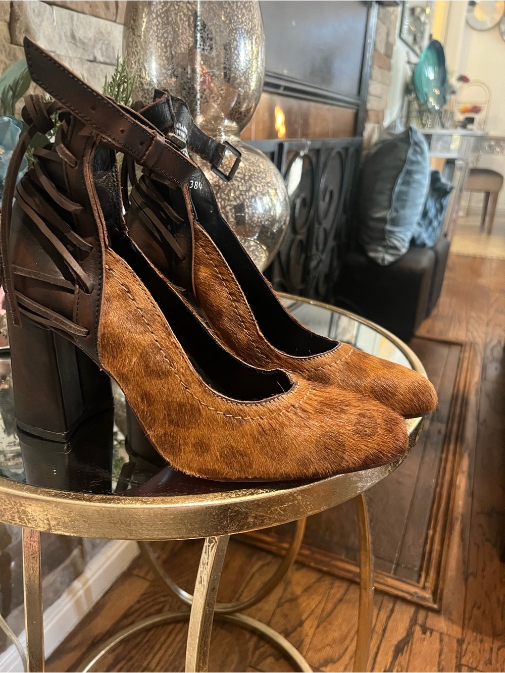 freebird Brown Haircalf Pointed-Toe Ankle-Strap Heels with Black Straps